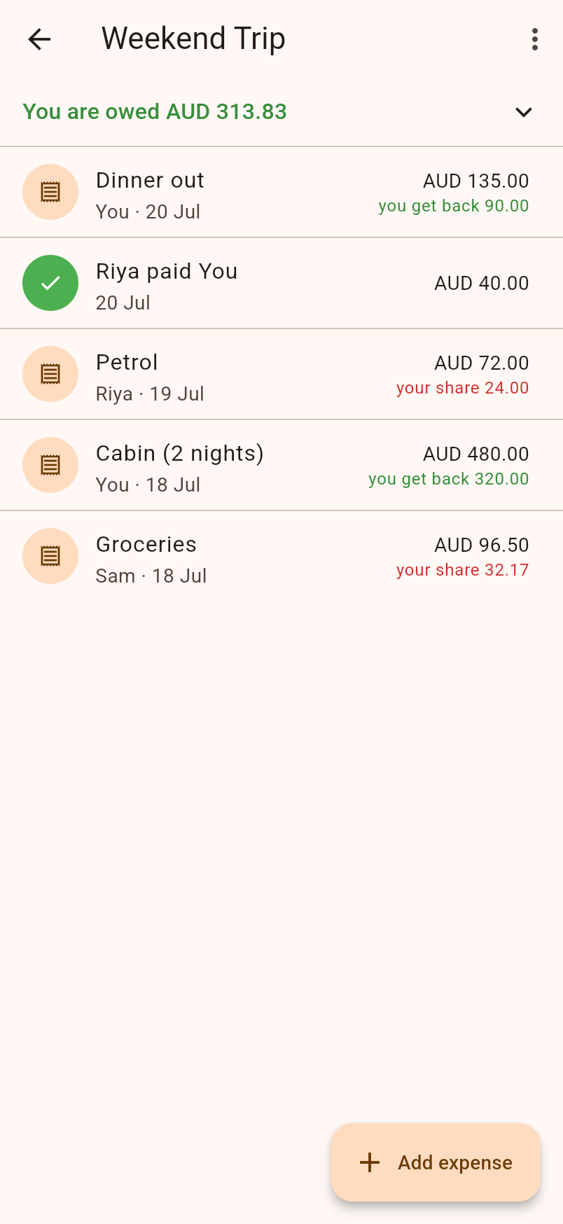 An expense group with live balances